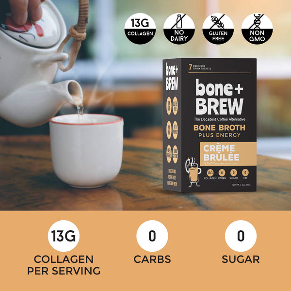 Bone + BREW Bone Broth Crème Brulée Flavored Coffee Alternative - Chicken & Beef Bone Broth, 12g Protein, 13g Collagen, 0 Carbs, 0 Sugar, 0 Fat - Keto and Paleo Friendly (Each Box Contains 7 Packets)