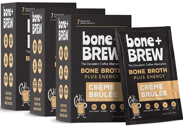 Bone + BREW Bone Broth Crème Brulée Flavored Coffee Alternative - Chicken & Beef Bone Broth, 12g Protein, 13g Collagen, 0 Carbs, 0 Sugar, 0 Fat - Keto and Paleo Friendly (Each Box Contains 7 Packets)