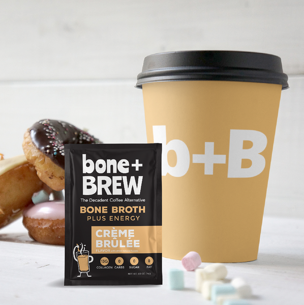 Bone + BREW Bone Broth Crème Brulée Flavored Coffee Alternative - Chicken & Beef Bone Broth, 12g Protein, 13g Collagen, 0 Carbs, 0 Sugar, 0 Fat - Keto and Paleo Friendly (Each Box Contains 7 Packets)