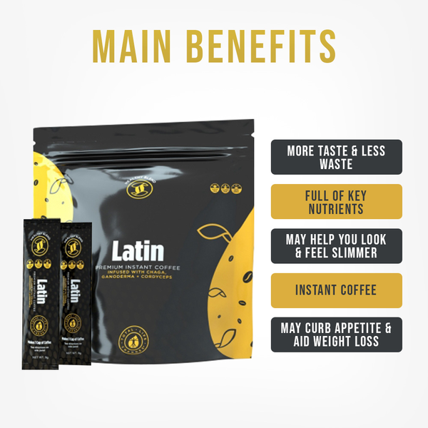 TLC IASO Café Latin Style: Premium Gourmet Coffee Sachets 100%-Organic Chaga Extract. Caramel Flavor (20 sachets, 25mg each)