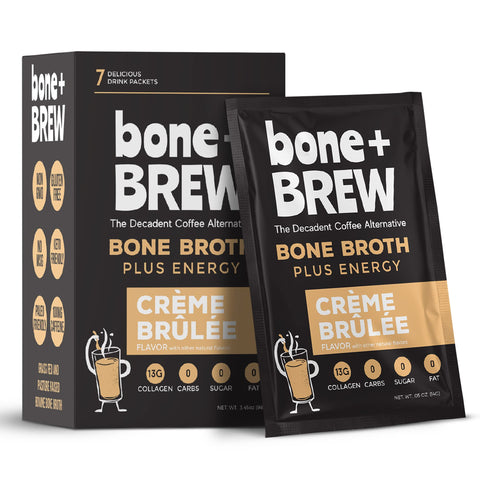 Bone + BREW Bone Broth Crème Brulée Flavored Coffee Alternative - Chicken & Beef Bone Broth, 12g Protein, 13g Collagen, 0 Carbs, 0 Sugar, 0 Fat - Keto and Paleo Friendly (Each Box Contains 7 Packets)