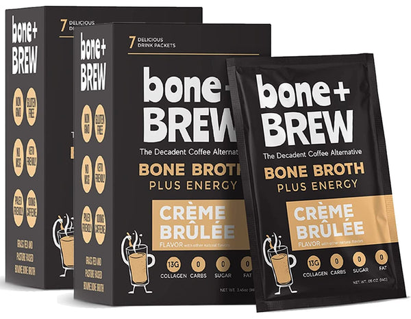 Bone + BREW Bone Broth Crème Brulée Flavored Coffee Alternative - Chicken & Beef Bone Broth, 12g Protein, 13g Collagen, 0 Carbs, 0 Sugar, 0 Fat - Keto and Paleo Friendly (Each Box Contains 7 Packets)