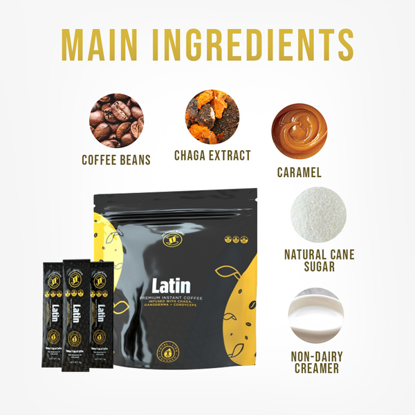 TLC IASO Café Latin Style: Premium Gourmet Coffee Sachets 100%-Organic Chaga Extract. Caramel Flavor (20 sachets, 25mg each)