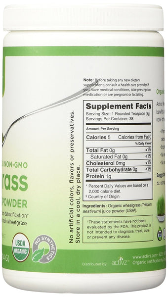 Organic Whole Food Wheatgrass Powder 114 G (4 oz) by Activz